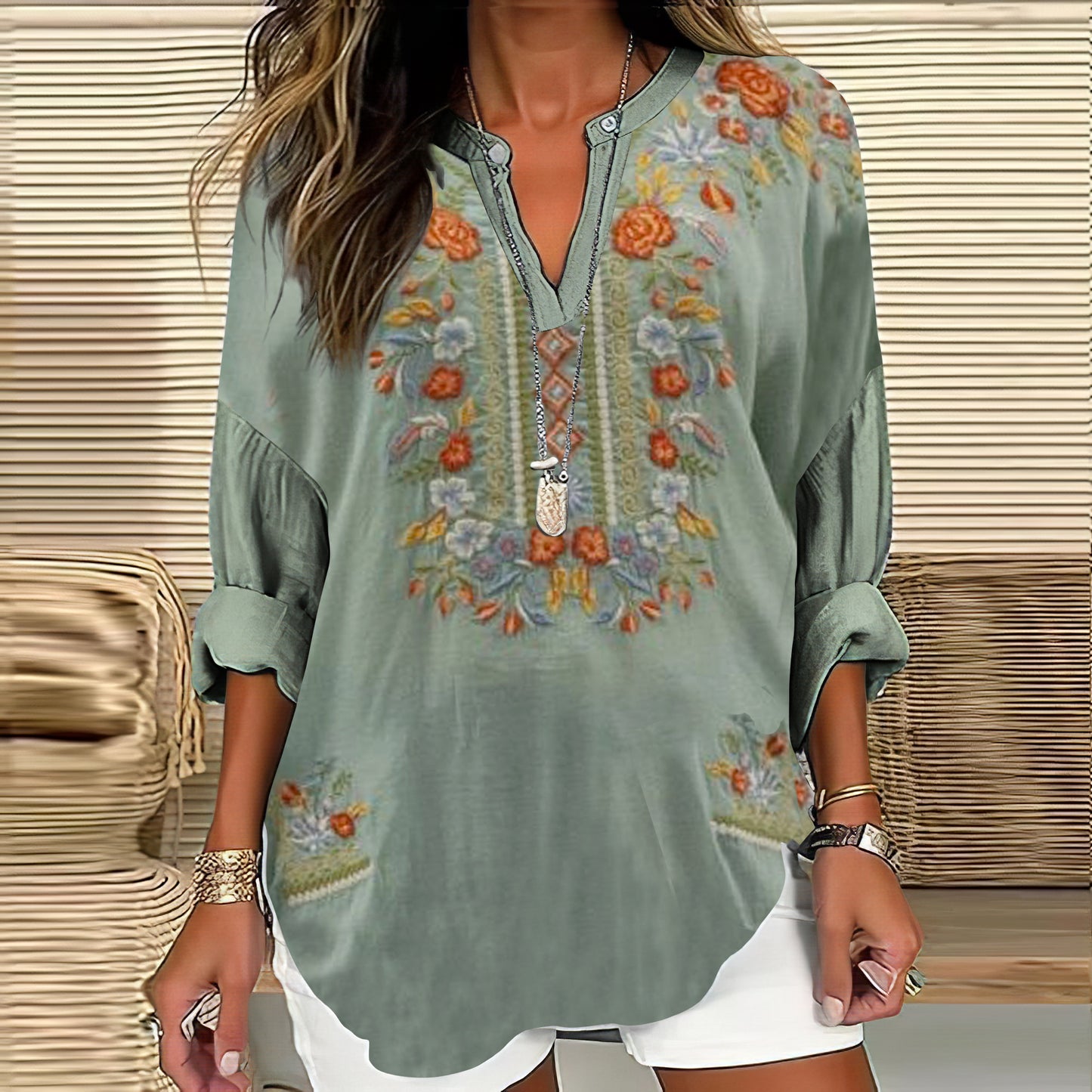 Comstylish Women's Retro Ethnic Flower Embroidery Art V-neck Shirt