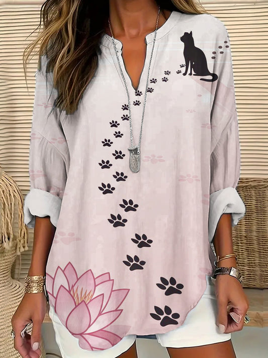 Comstylish Japanese Style Cat Paw Print Pattern Women's Linen Shirt