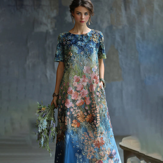 Women's Oil Painting Floral Contrast Color Sequined Maxi Dress elevenforest