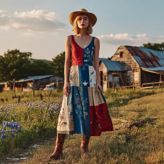 Women's Vintage Western Texas Flag Patchwork Bluebonnets Embroidered Print V-neck Tank Midi Dress elevenforest