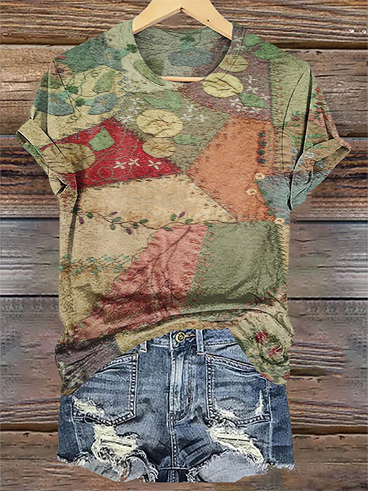 Imitation Retro Patchwork Flat Print T-shirt