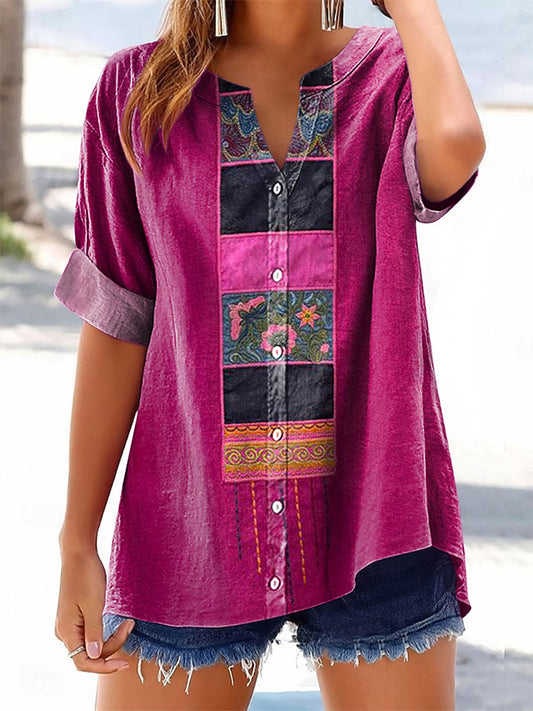 Women's Bohemian Floral Art Print Casual Cotton And Linen Shirt