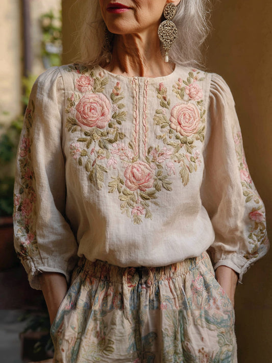 Women's Vintage Pink Floral Design Cotton And Linen Blend Shirt elevenforest