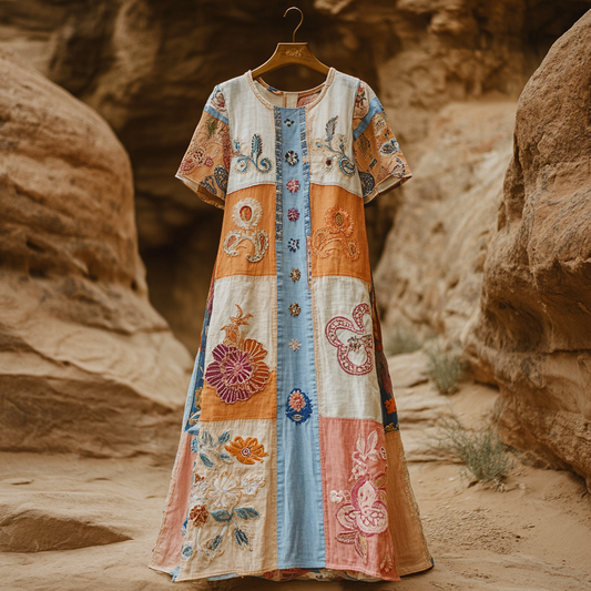 Women's Vintage Tribal Floral Patch Cotton And Linen Dress elevenforest