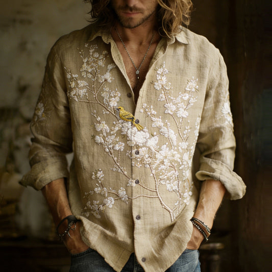 Men's Apricot Blossom With Bird Embroidery Painting Art Linen Shirt elevenforest
