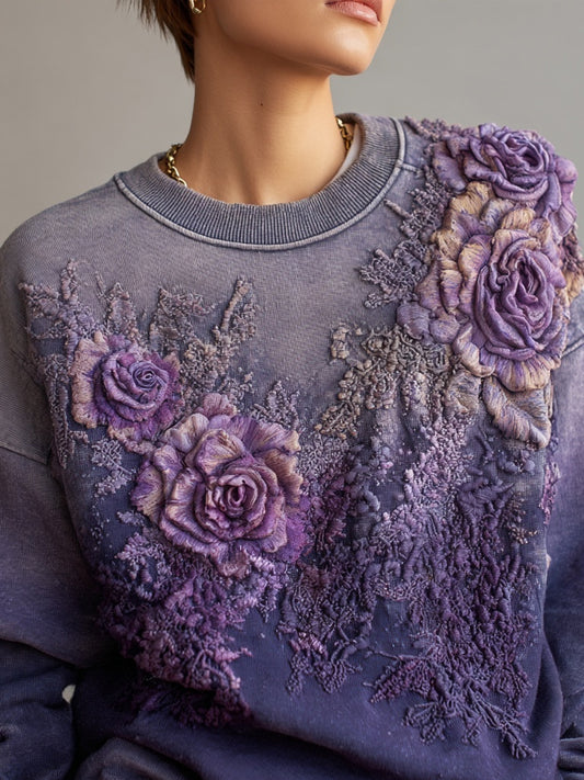 Vintage Roses Embroidered Purple Gradient Sweatshirt elevenforest