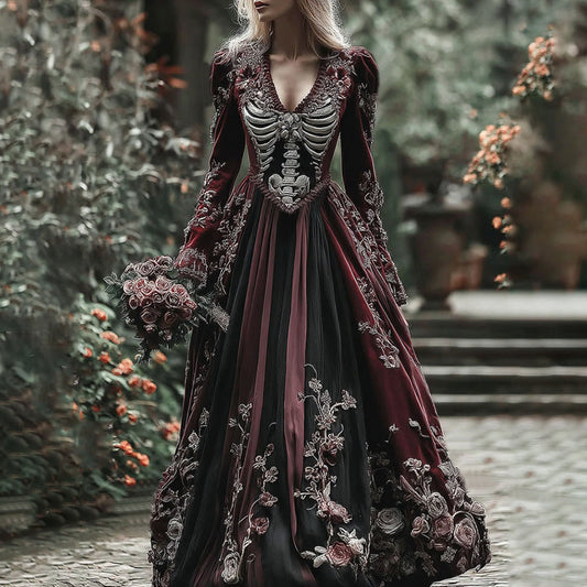 Vintage Skull Skeleton And Red Roses Flowy Maxi Dress elevenforest