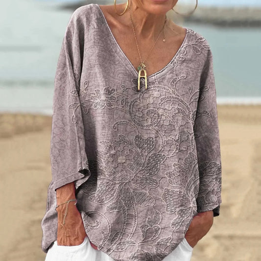 Vintage Floral V-neck Loose Linen Blend T-shirt elevenforest