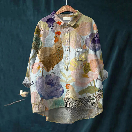 Comstylish Vintage Chicken And Floral Art Print Casual Cotton And Linen Shirt