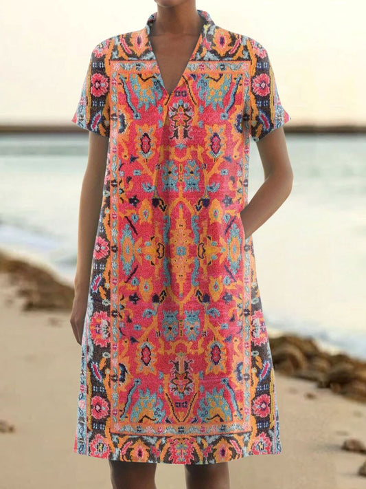 Women's Vintage Ethnic Totem Art Pattern Print V-Neck Linen Pocket Dre