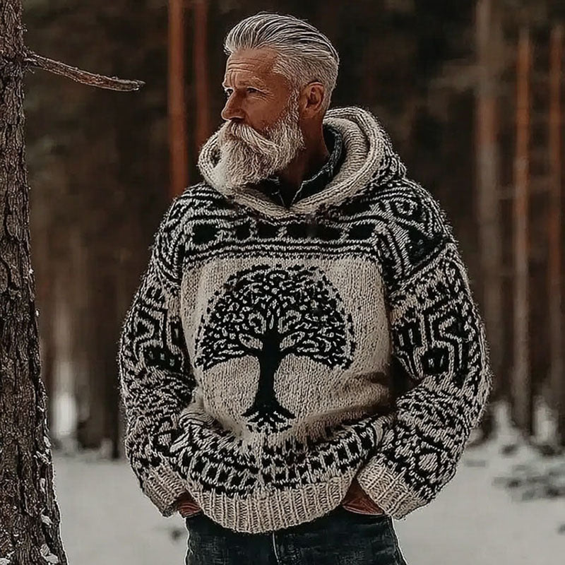 Men's Retro Celtic Tree Of Life Comfortable Knitted Hooded Sweater elevenforest