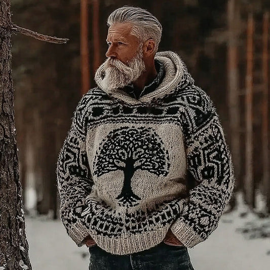 Men's Retro Celtic Tree Of Life Comfortable Knitted Hooded Sweater elevenforest