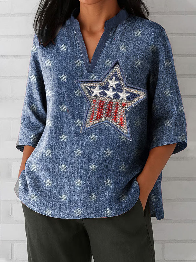 Comstylish Women's Indie Vintage Denim Star Print Top