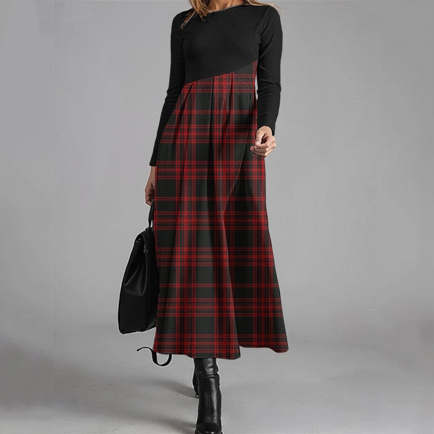 Women's Elegant Christmas Check Contrast Wool Dress elevenforest