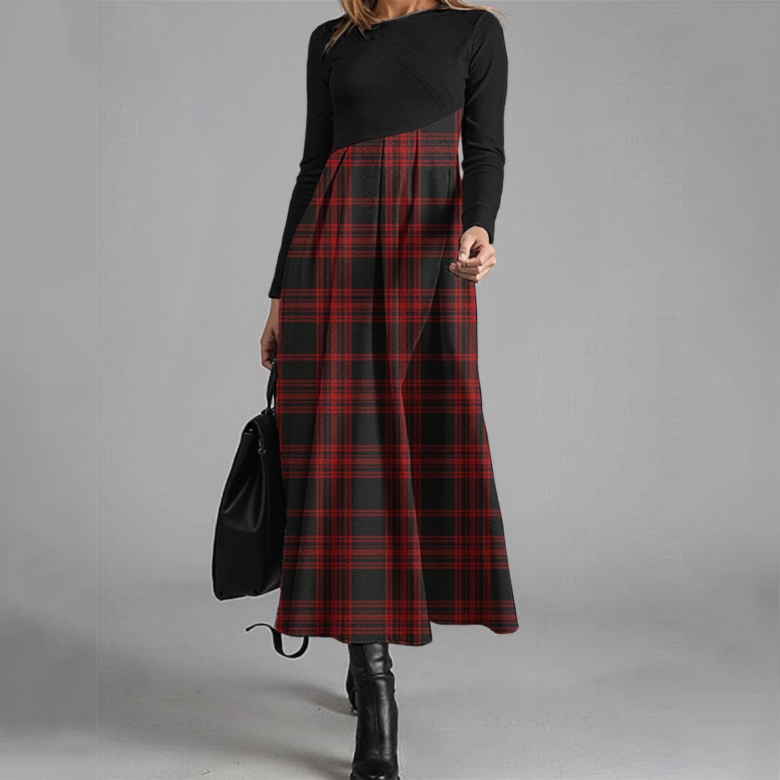 Women's Elegant Christmas Check Contrast Wool Dress elevenforest