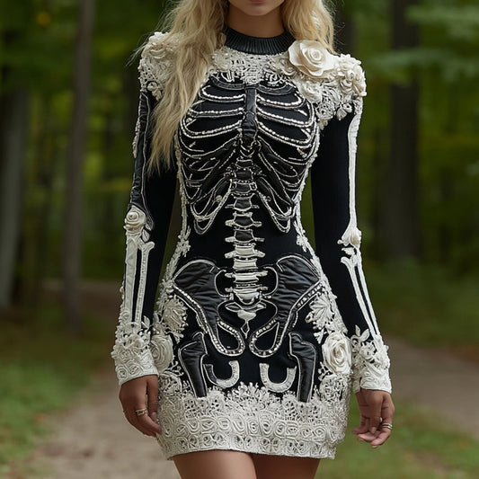 Comstylish Women's Halloween Skeleton Bones Leather With Rose Pattern Art Hot Sexy Style Cozy Knit Mini Sweater Dress