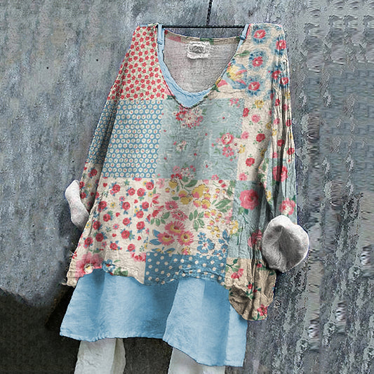 Comstylish Vintage Floral Patchwork Linen Tunic