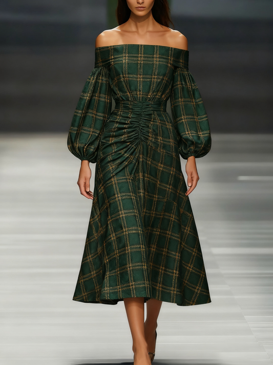 Women's off-the-shoulder long-sleeved green chiffon dress