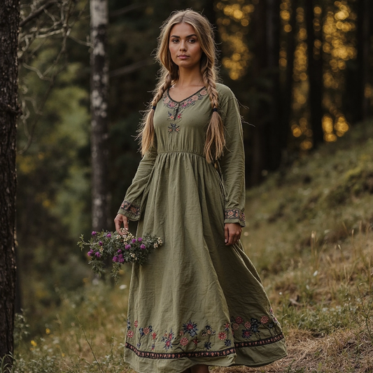 Women's Vintage Cotton Linen Embroidered Floral Dress elevenforest