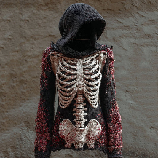Comstylish Vintage Bloody Roses Skeleton Crochet Cozy Knit Hooded Sweater