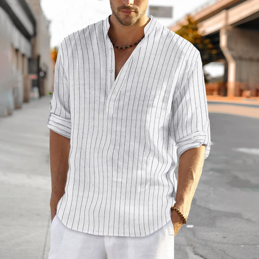 Men's Casual Solid Color Stripes Linen Blend Long Sleeve Shirt elevenforest