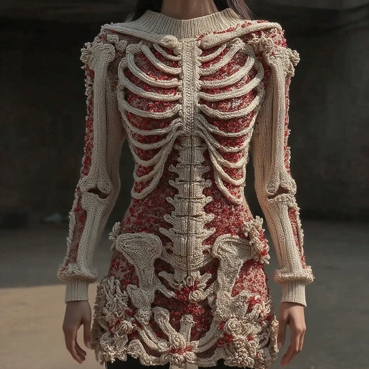 Women's Vintage Skull Floral Art Cozy Sweater Dress elevenforest