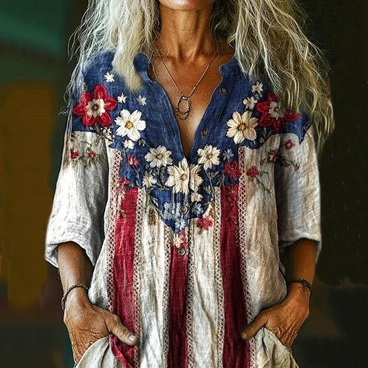 Women's Independence Day Flag Floral Print Linen Blend Long Sleeve Shirt elevenforest