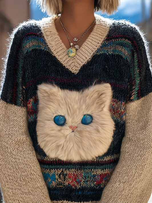 Women's Colorful Striped Plush Cat Pattern Embroidered V-neck Knit Sweater