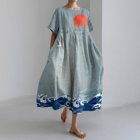 Japanese Art Print Short Sleeve Loose Midi Dress elevenforest