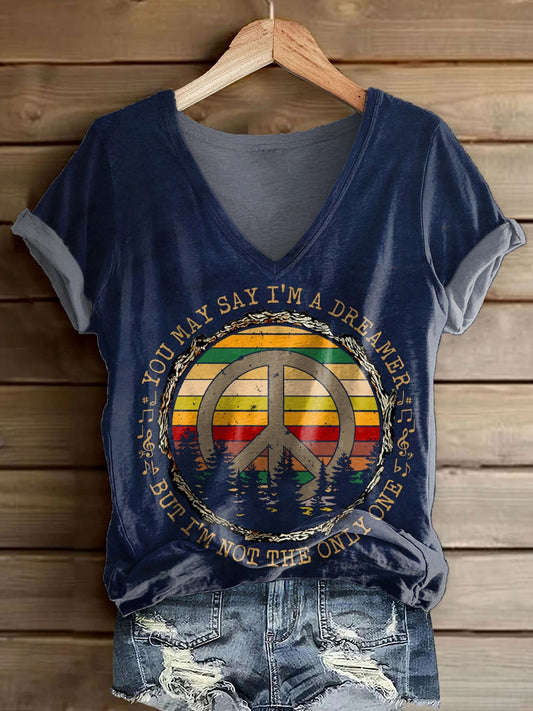 Women's You May Say I'm A Dreamer Pattern Print V-neck Casual T-Shirt