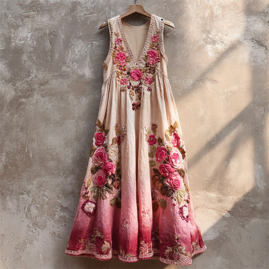 Boho Romantic Floral Embroidery Women's Linen V-neck Vest Maxi Dress elevenforest