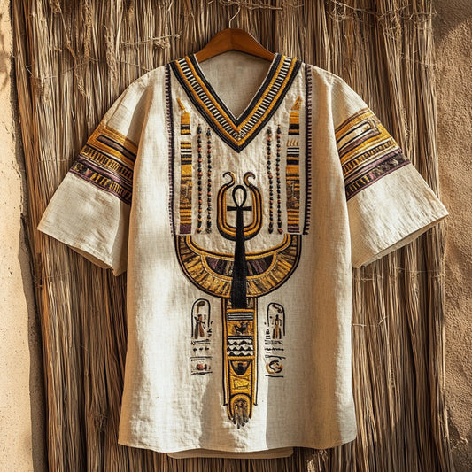 Ancient Egyptian Ankh Inspired V Neck Linen T Shirt elevenforest
