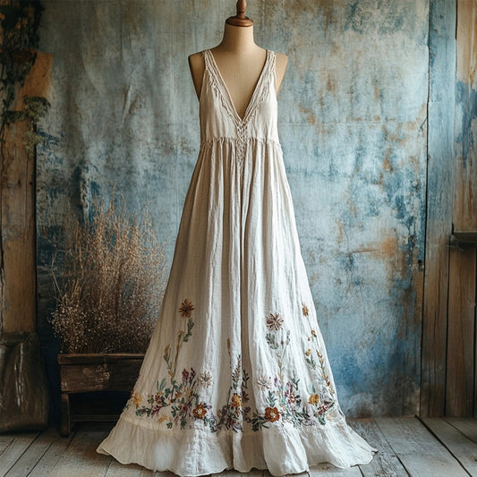 Vintage Boho Floral Embroidered V Neck Linen Maxi Dress elevenforest