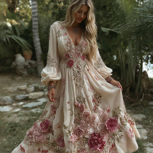 Women's Vintage Pink Roses Embroidery Art V-neck Long Sleeves Maxi Dress