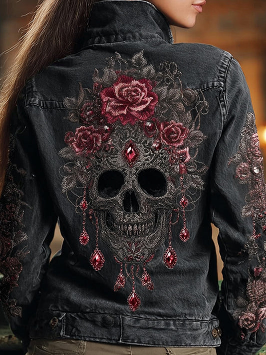 Women's Skeleton Rose Washed Long-sleeved Denim Jacket elevenforest