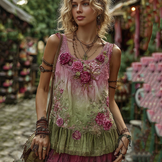 Women's Retro Classy Boho Rose And Floral Embroidered Art Linen And Cotton Tank Top elevenforest