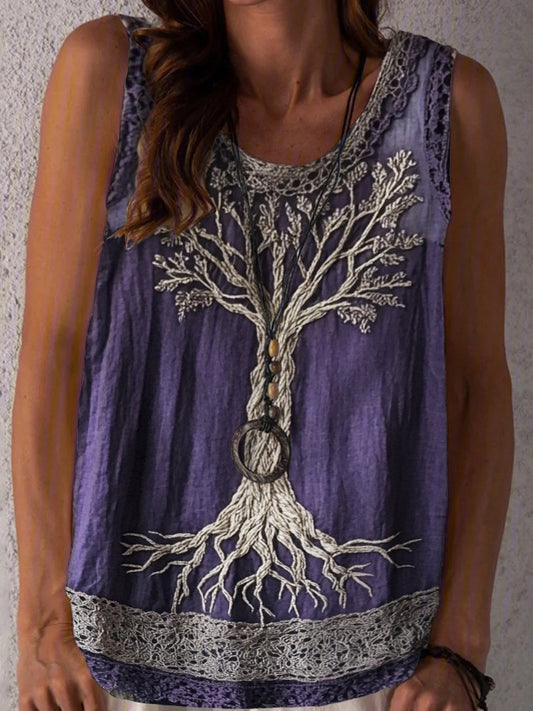 Tree Of Life Lace Embroidered Women's Linen Tank Top elevenforest