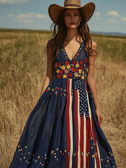 Floral American Flag Inspired Glitter Linen Maxi Dress elevenforest