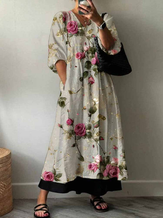 Women's Art Rose Pattern Cotton Dress