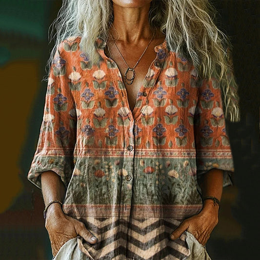 Women's Vintage Floral Collage Art Pattern Print Casual Cotton And Linen Shirt elevenforest