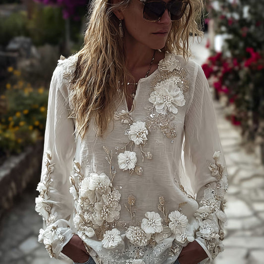 Bohemian Beaded Rose Romantic Casual Round-neck Long-sleeved Sweater elevenforest