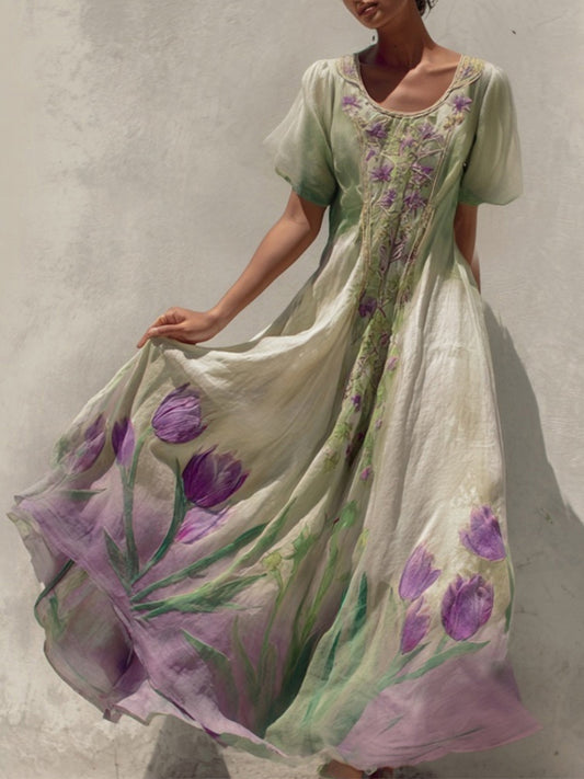 Vintage Purple Tulips Pattern Gradient Linen Maxi Dress elevenforest