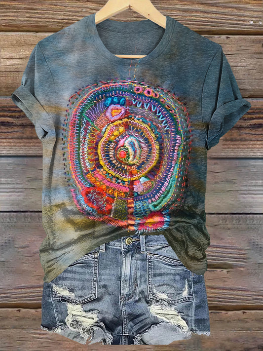 Vintage Embroidered Art Print Casaul Short Sleeve T-shirt