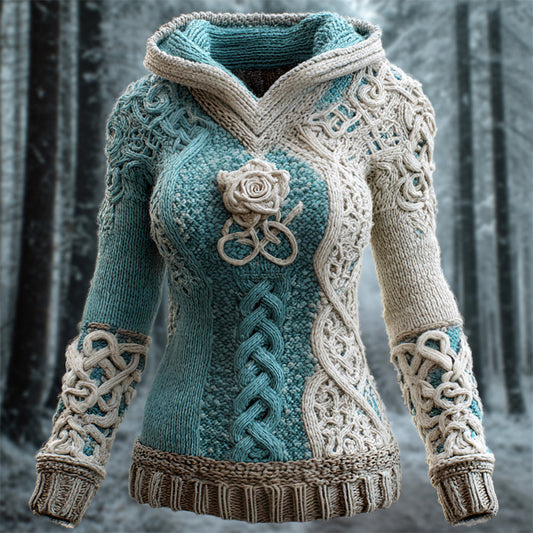 Comstylish Viking Rose Knit Art Women's Hooded Sweater