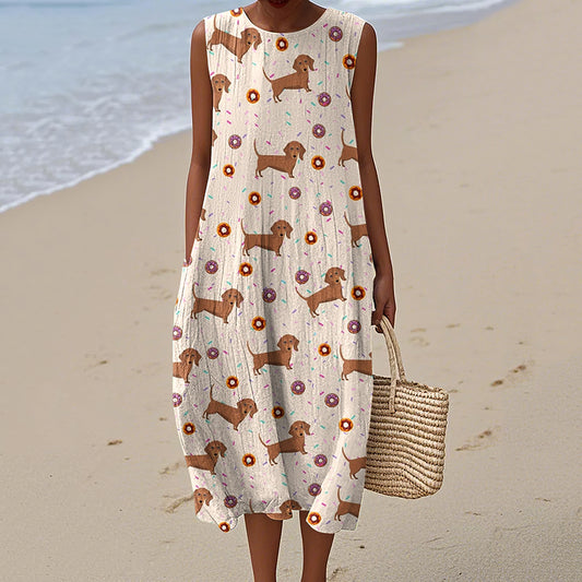 Women's Cute Dachshund Print Crew Neck Tank Midi Dress elevenforest