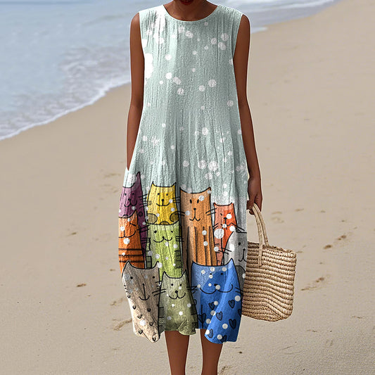 Women's Vintage Cute Cats Art Print Sleeveless Dress elevenforest