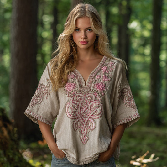 Women's Pink Rose Celtic Knot Art V Neck Linen Comfy T-shirt elevenforest