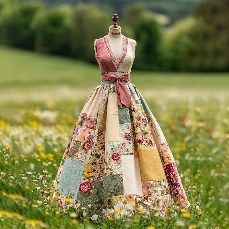 Women's Vintage Floral Patch V Neck Comfy Maxi Dress elevenforest