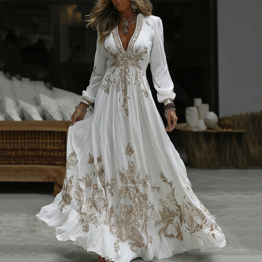 Women's Vintage Floral Embroidery Art Casual Long Sleeve Maxi Dress elevenforest