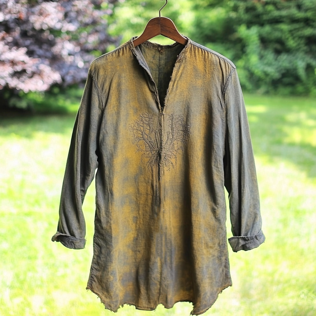 Men's Vintage Viking Tree Of Life Distressed Linen Shirt elevenforest